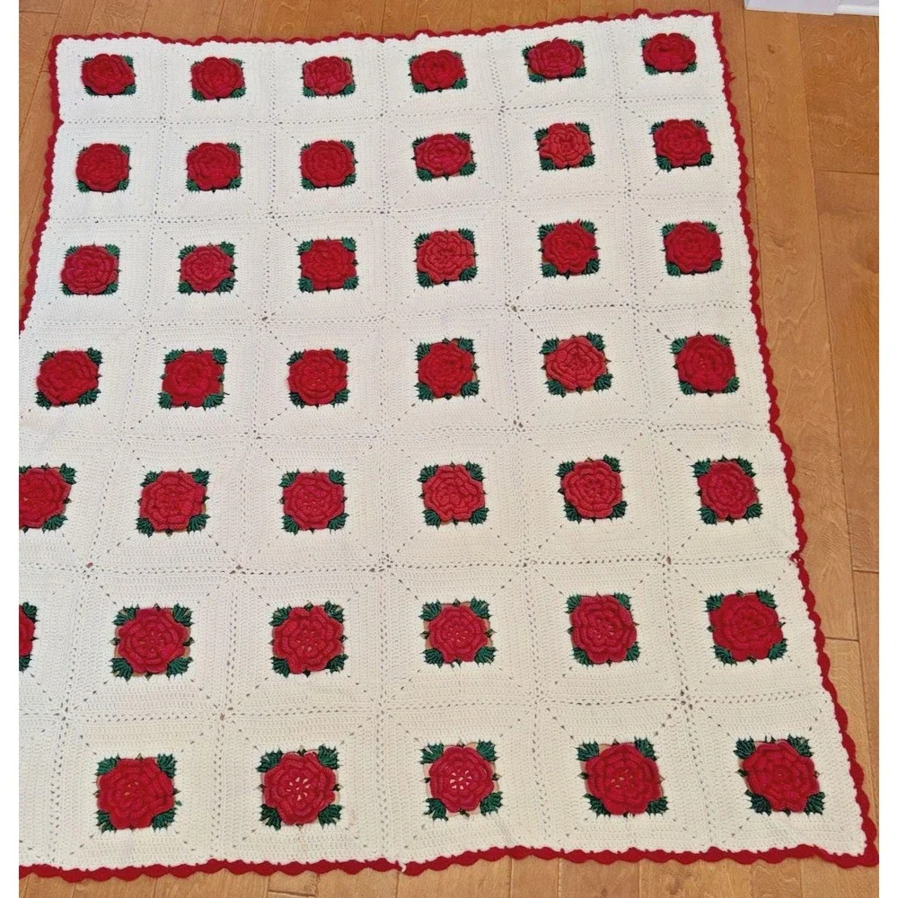 Vtg Granny Square Crochet‎ Afghan Quilt Blanket 3D Rose 72